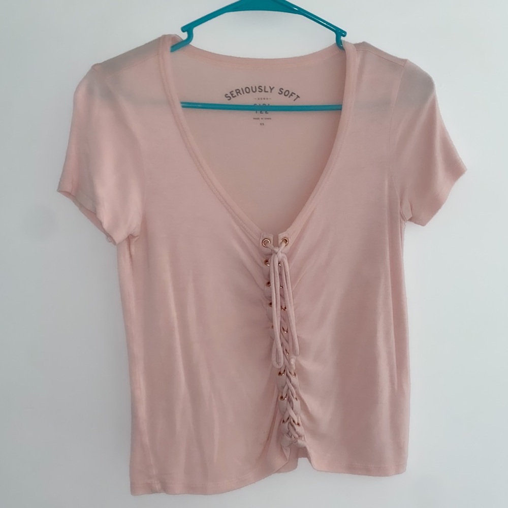 Aeropostale soft light pink tie up tee shirt